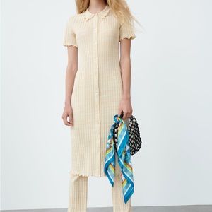 ZARA Button Ribbed Collar Dress Cream Small